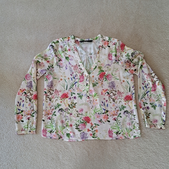 Zara Floral Blouse Women's Size Large Lightweight Top Colourful Long Sleeved - Picture 11 of 12